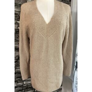 Lucky Brand Women Sweater MED Tan V Neck Long Sleeve Pullover Knit Casual Roomy